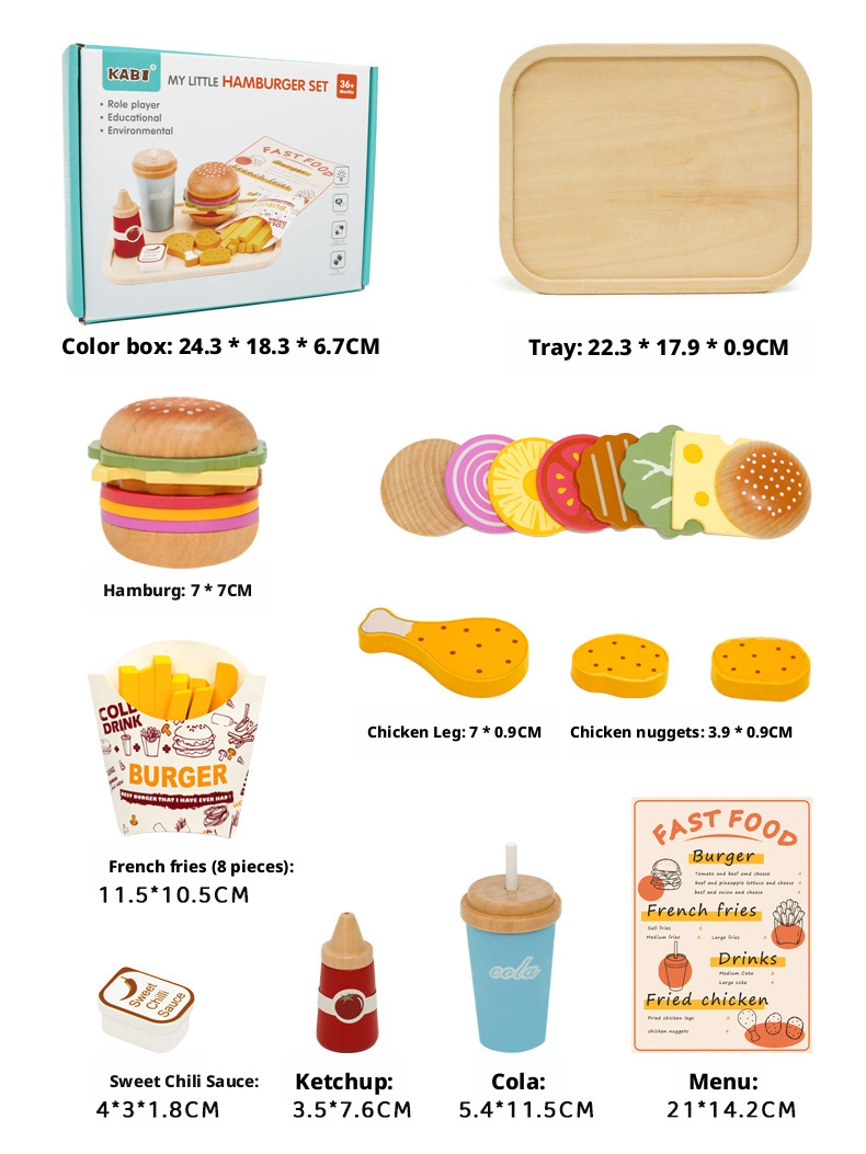 Wooden Pretend Play Kitchen Breakfast Set – Burger & Fries Tray Food Toy for Kids