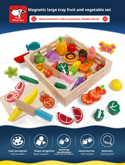 Wooden Magnetic Cutting Fruit & Vegetable Toy Set for Kids 4-6 – Pretend Play Kitchen Educational Toy