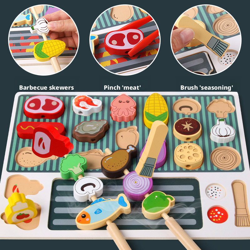 مجموعة مطبخ شواء خشبي للعب التخيلي - لعبة لوحة أحجية ثلاثية الأبعاد للتعلم المبكر للأطفال