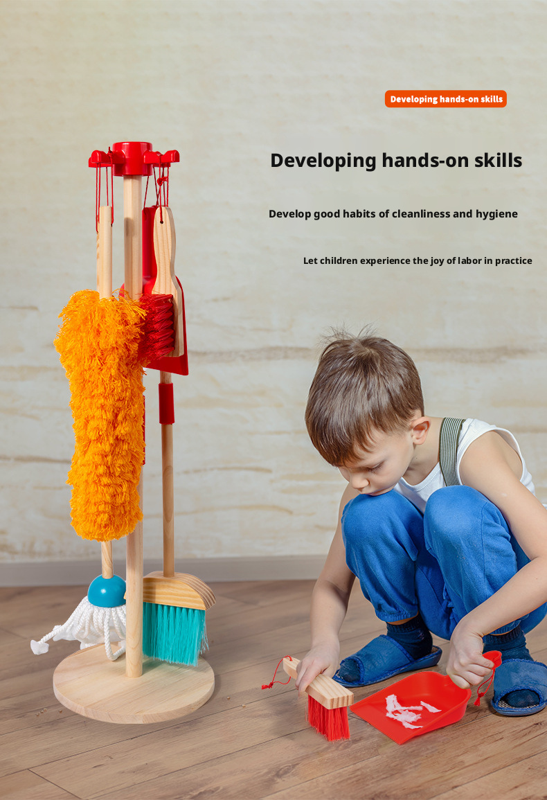 مجموعة تنظيف خشبية للعب التخيلي – لعبة مكنسة وممسحة للأطفال