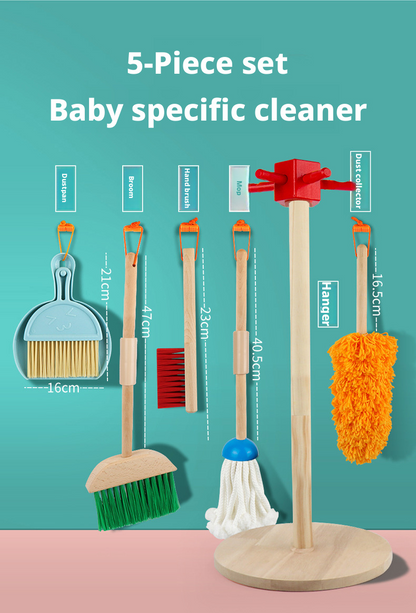 مجموعة تنظيف خشبية للعب التخيلي – لعبة مكنسة وممسحة للأطفال