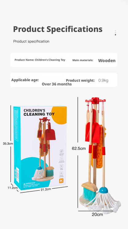 مجموعة تنظيف خشبية للعب التخيلي – لعبة مكنسة وممسحة للأطفال