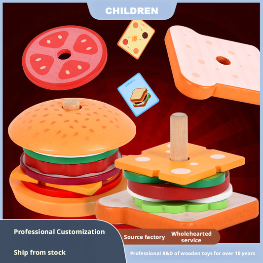 Wooden Pretend Play Burger & Sandwich Kitchen Set – Kids Fast Food Stacking Toy