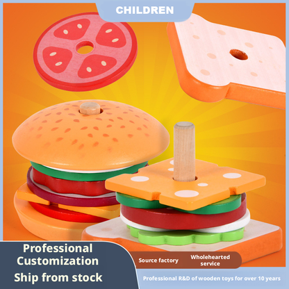 مجموعة مطبخ خشبية للعب التخيلي على شكل برجر وساندويتش - لعبة تكديس الوجبات السريعة للأطفال