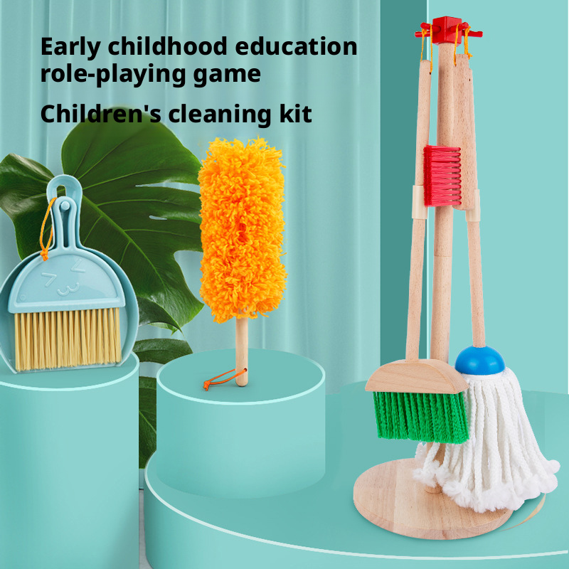 مجموعة تنظيف خشبية للعب التخيلي – لعبة مكنسة وممسحة للأطفال