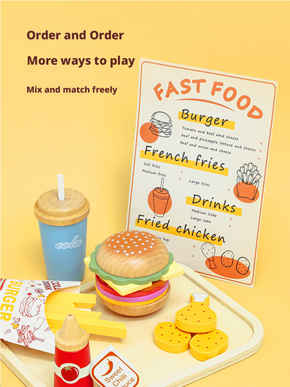 Wooden Pretend Play Kitchen Breakfast Set – Burger & Fries Tray Food Toy for Kids
