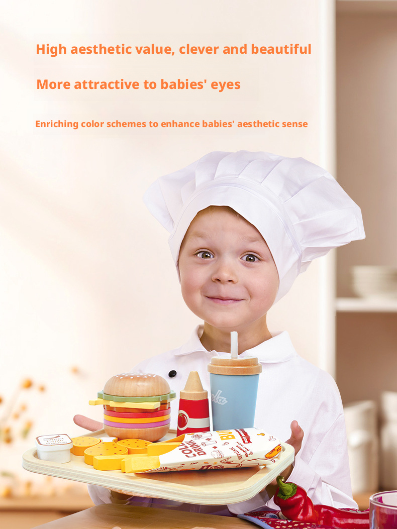 Wooden Pretend Play Kitchen Breakfast Set – Burger & Fries Tray Food Toy for Kids