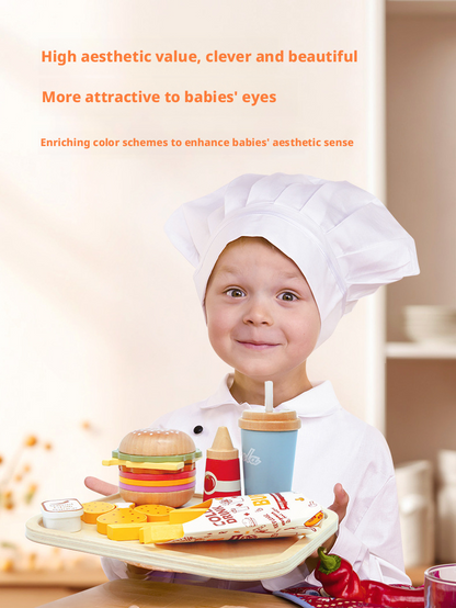 Wooden Pretend Play Kitchen Breakfast Set – Burger & Fries Tray Food Toy for Kids