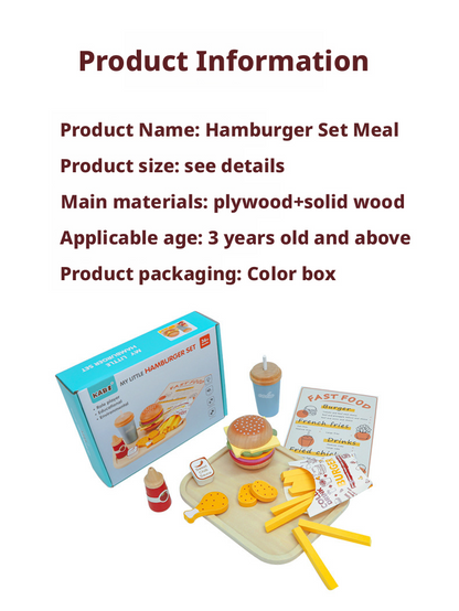 Wooden Pretend Play Kitchen Breakfast Set – Burger & Fries Tray Food Toy for Kids