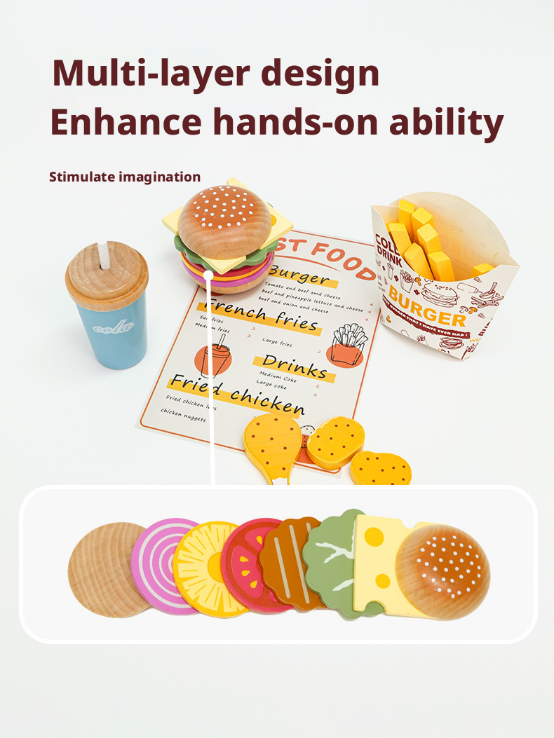 Wooden Pretend Play Kitchen Breakfast Set – Burger & Fries Tray Food Toy for Kids