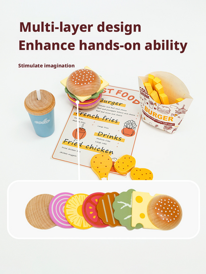 Wooden Pretend Play Kitchen Breakfast Set – Burger & Fries Tray Food Toy for Kids