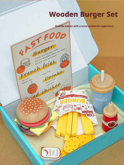 Wooden Pretend Play Kitchen Breakfast Set – Burger & Fries Tray Food Toy for Kids