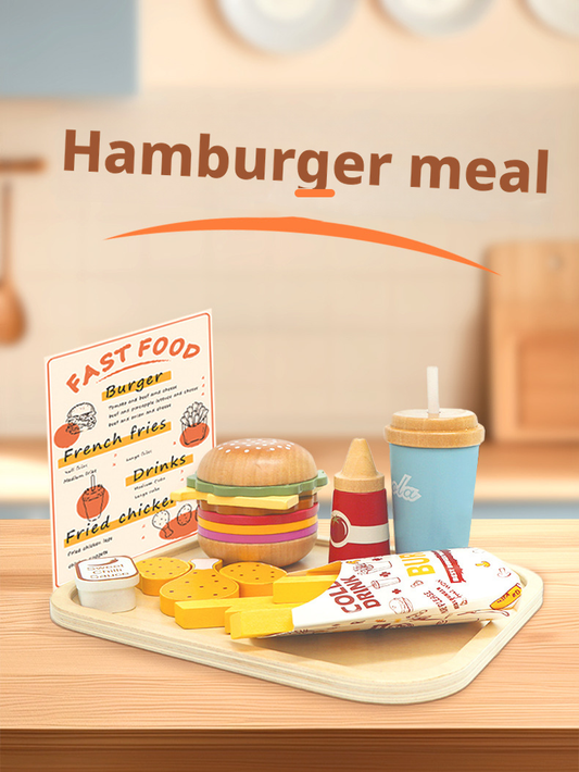 Wooden Pretend Play Kitchen Breakfast Set – Burger & Fries Tray Food Toy for Kids