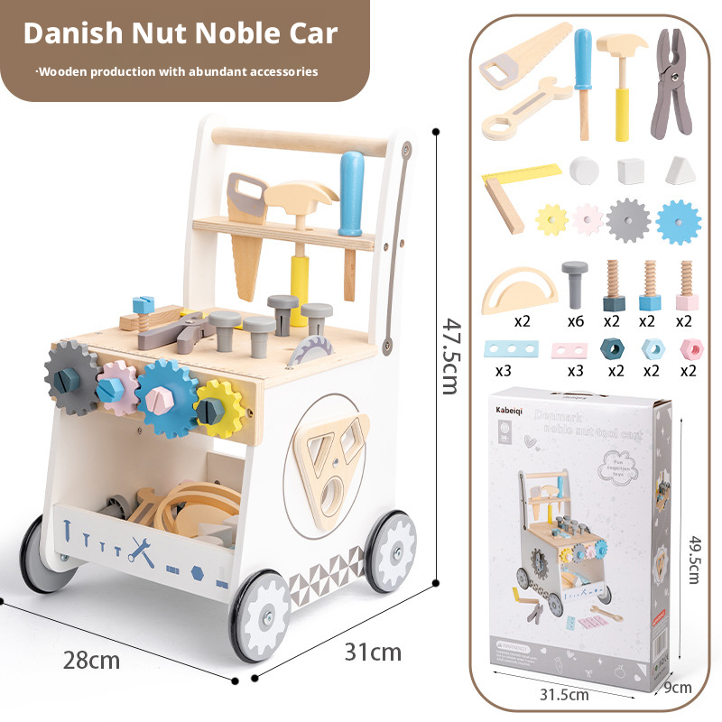 Wooden Toddler Tool Walker Cart – Danish Style Nut & Bolt Construction Toy